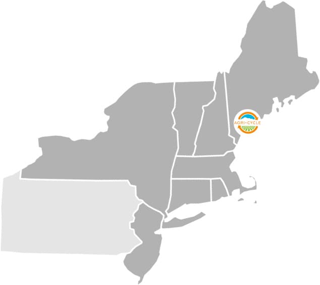 Map of Agri-Cycle's original New England service area, centred on Exeter, Maine